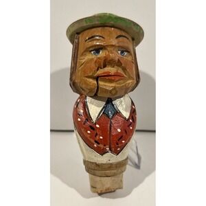 ANRI Vintage Hand Carved Wooden Bottle Stopper Man Opens Mouth Missng Piece cork